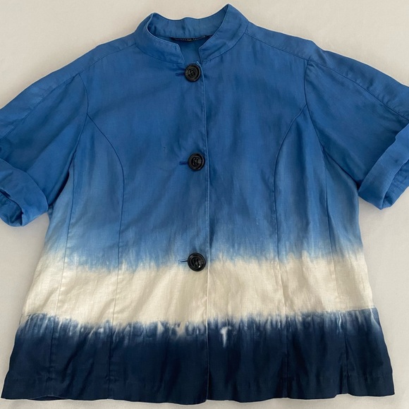 Lafayette 148 New York Short Sleeve Shirt Jacket Size 14 100% Linen Tie Dye - Picture 3 of 13